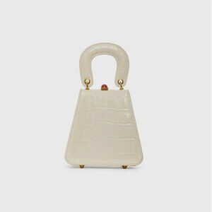 STAUD Kenny Croc-Embossed Leather Top Handle Bag in Cream